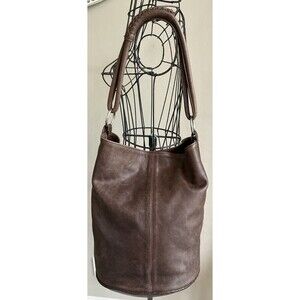 Genuine Leather Bucket Bag YKK Zipper Boutique Style Brown Shoulder Handbag EUC